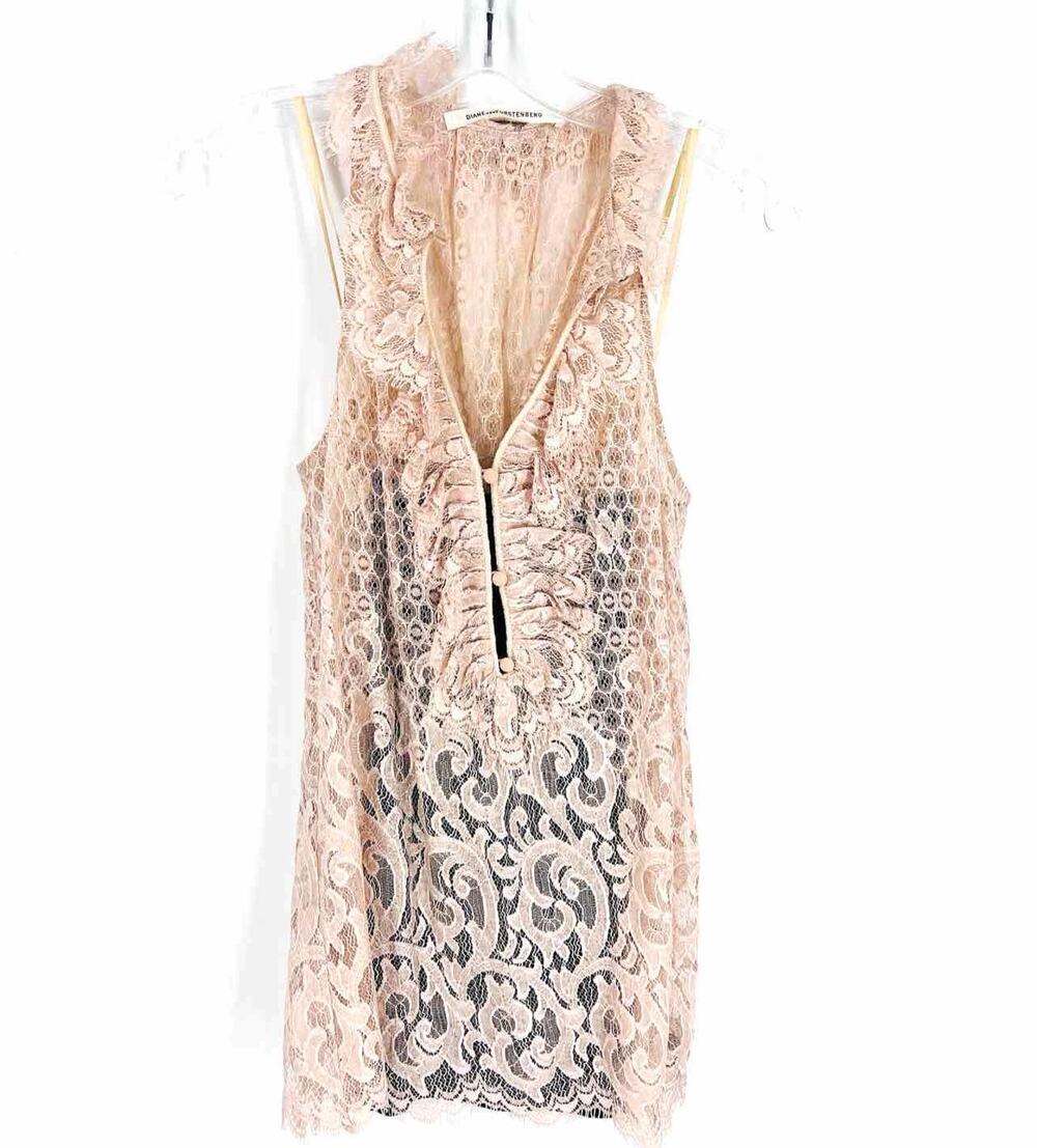 Diane Von Furstenberg Size 4 Beige Lace Ruffle Designer Top-Sleeveless